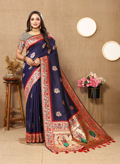 Nevy Blue Color Zari Woven Soft Paithani Silk Sarees With Rich Weaving Pallu with tassels.