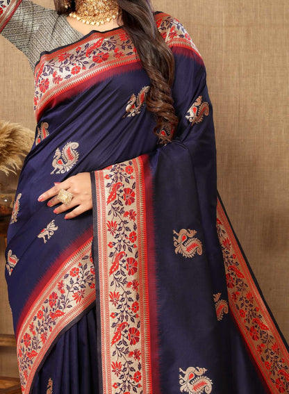 Nevy Blue Color Zari Woven Soft Paithani Silk Sarees With Rich Weaving Pallu with tassels.