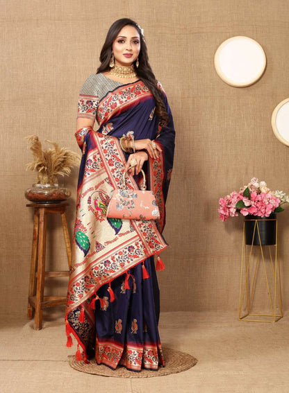 Nevy Blue Color Zari Woven Soft Paithani Silk Sarees With Rich Weaving Pallu with tassels.