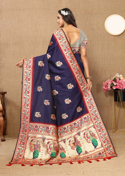 Nevy Blue Color Zari Woven Soft Paithani Silk Sarees With Rich Weaving Pallu with tassels.