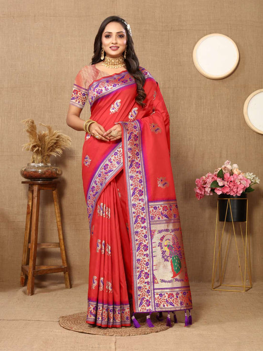 Red Color Zari Woven Soft Paithani Silk Sarees With Rich Weaving Pallu with tassels.