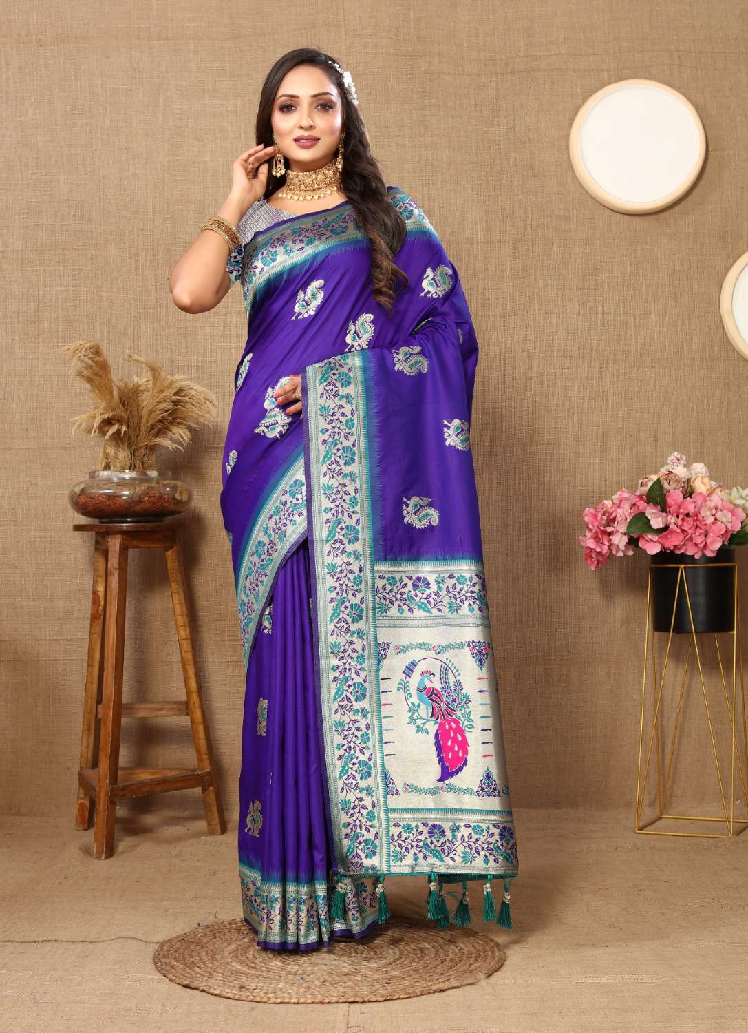 Royal Blue Color Zari Woven Soft Paithani Silk Sarees With Rich Weaving Pallu with tassels.