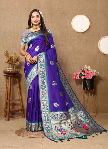 Royal Blue Color Zari Woven Soft Paithani Silk Sarees With Rich Weaving Pallu with tassels.