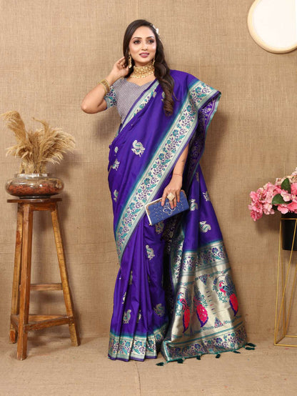 Royal Blue Color Zari Woven Soft Paithani Silk Sarees With Rich Weaving Pallu with tassels.