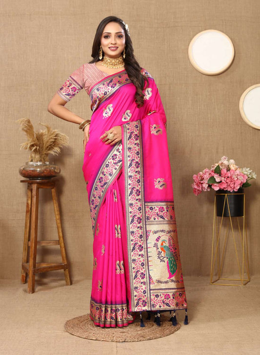 Pink Color Zari Woven Soft Paithani Silk Sarees With Rich Weaving Pallu with tassels.