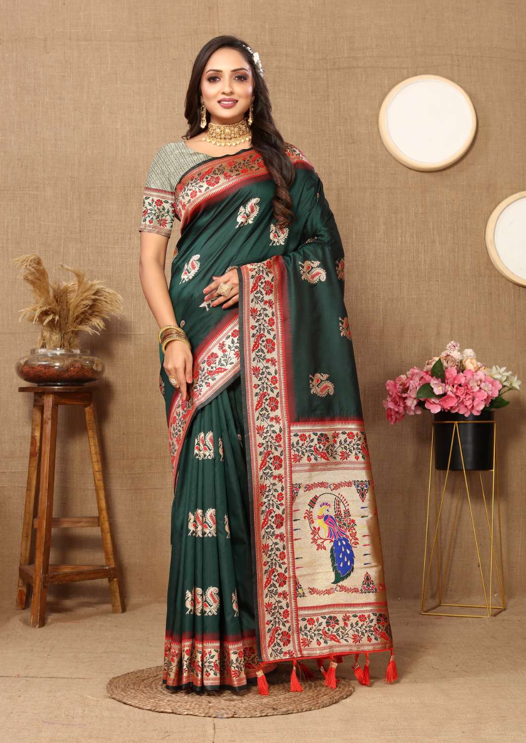 Dark Green Color Zari Woven Soft Paithani Silk Sarees With Rich Weaving Pallu with tassels.