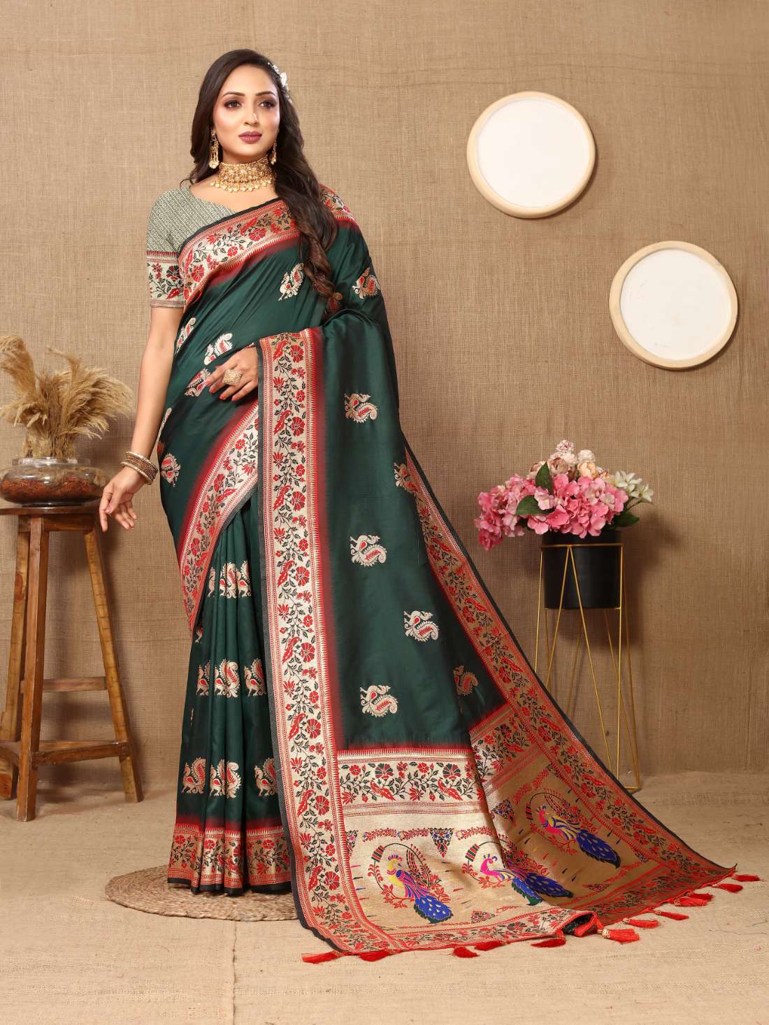 Dark Green Color Zari Woven Soft Paithani Silk Sarees With Rich Weaving Pallu with tassels.