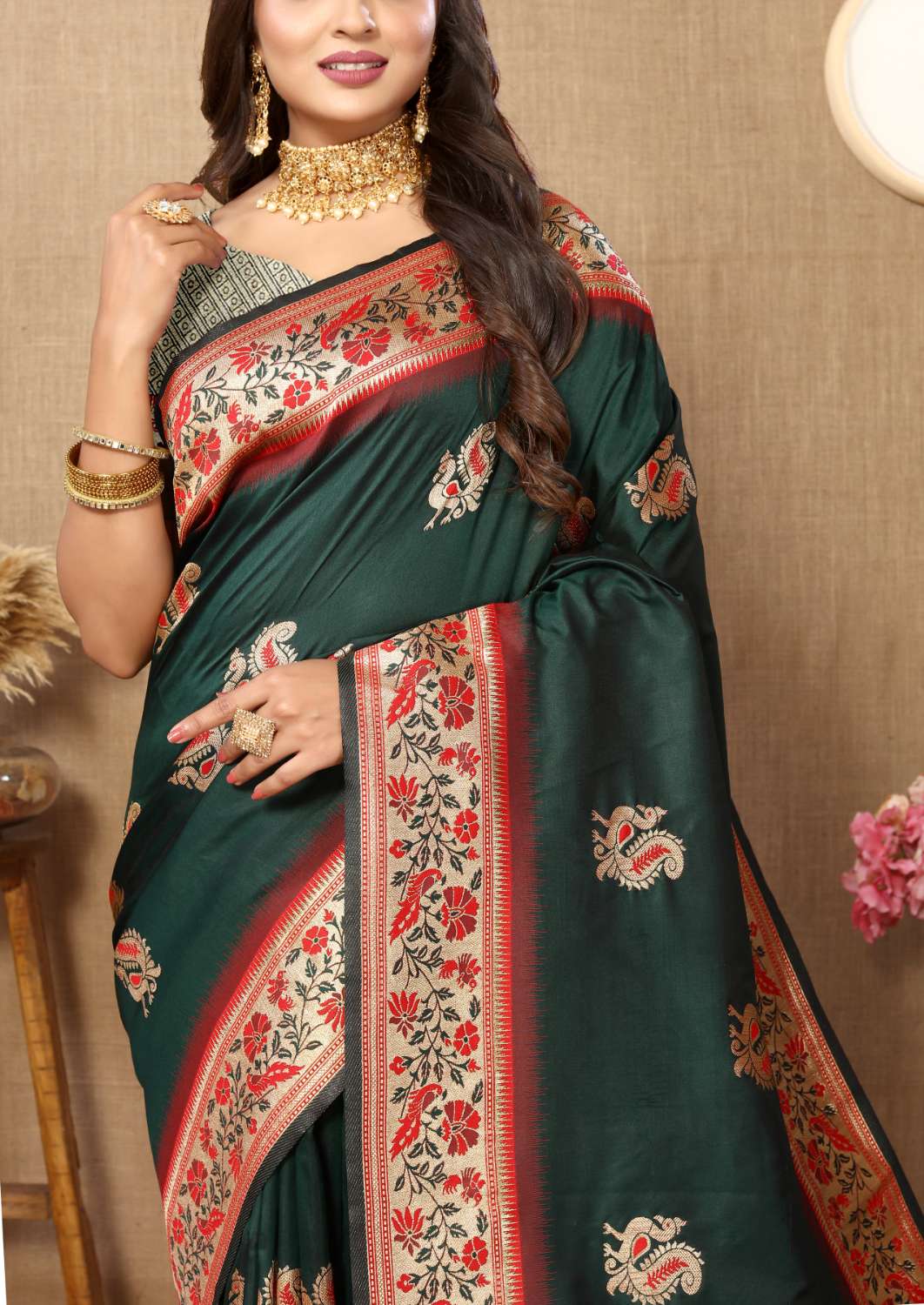 Dark Green Color Zari Woven Soft Paithani Silk Sarees With Rich Weaving Pallu with tassels.