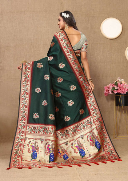 Dark Green Color Zari Woven Soft Paithani Silk Sarees With Rich Weaving Pallu with tassels.