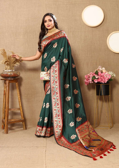 Dark Green Color Zari Woven Soft Paithani Silk Sarees With Rich Weaving Pallu with tassels.