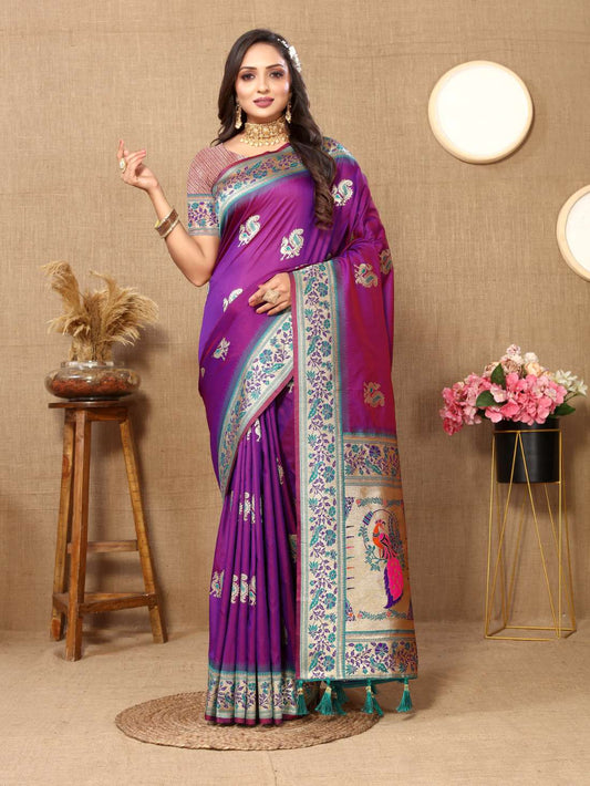 Purple Color Zari Woven Soft Paithani Silk Sarees With Rich Weaving Pallu with tassels.