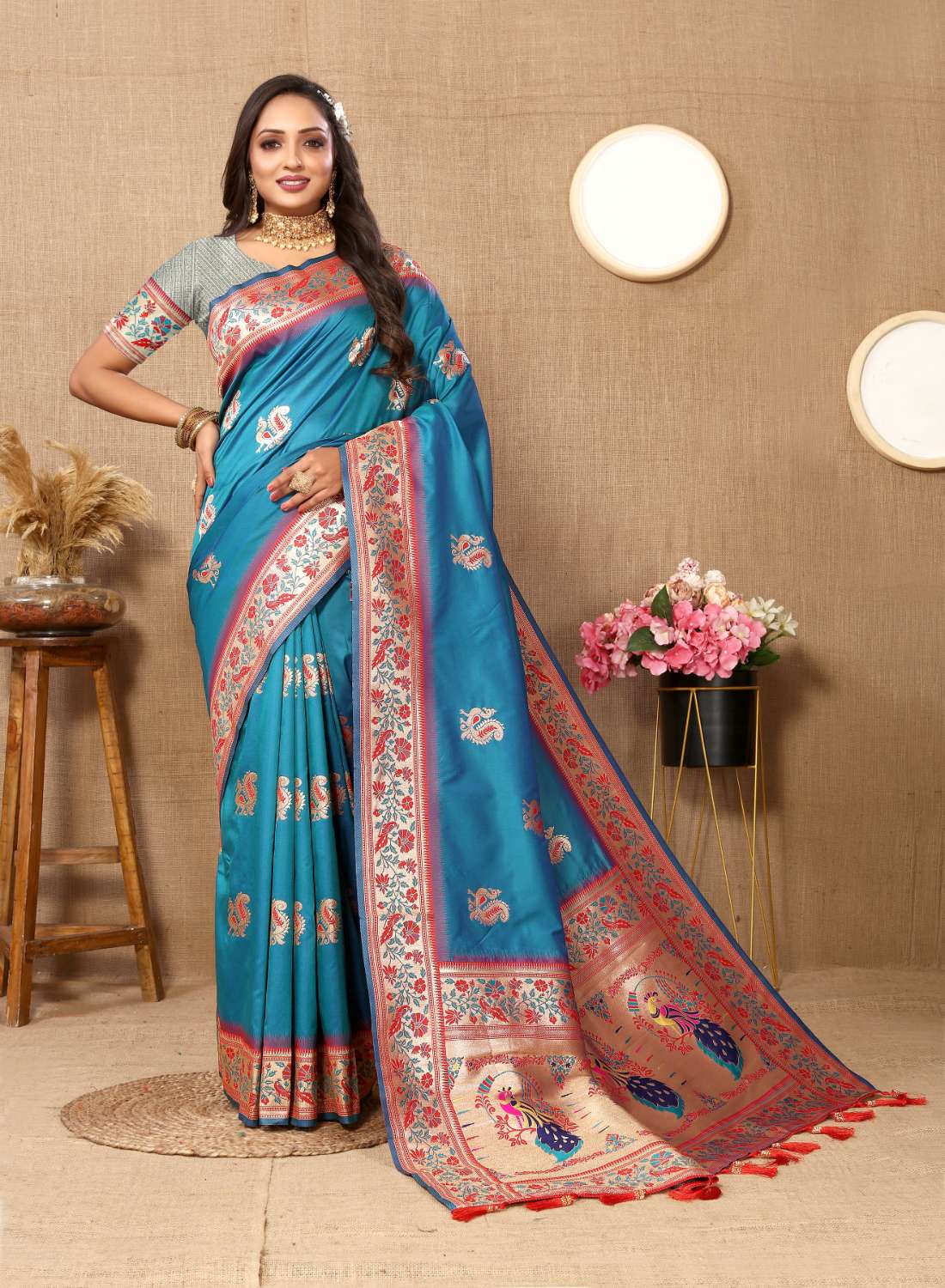 Aqua Blue Color Zari Woven Soft Paithani Silk Sarees With Rich Weaving Pallu with tassels.