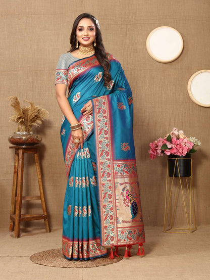 Aqua Blue Color Zari Woven Soft Paithani Silk Sarees With Rich Weaving Pallu with tassels.