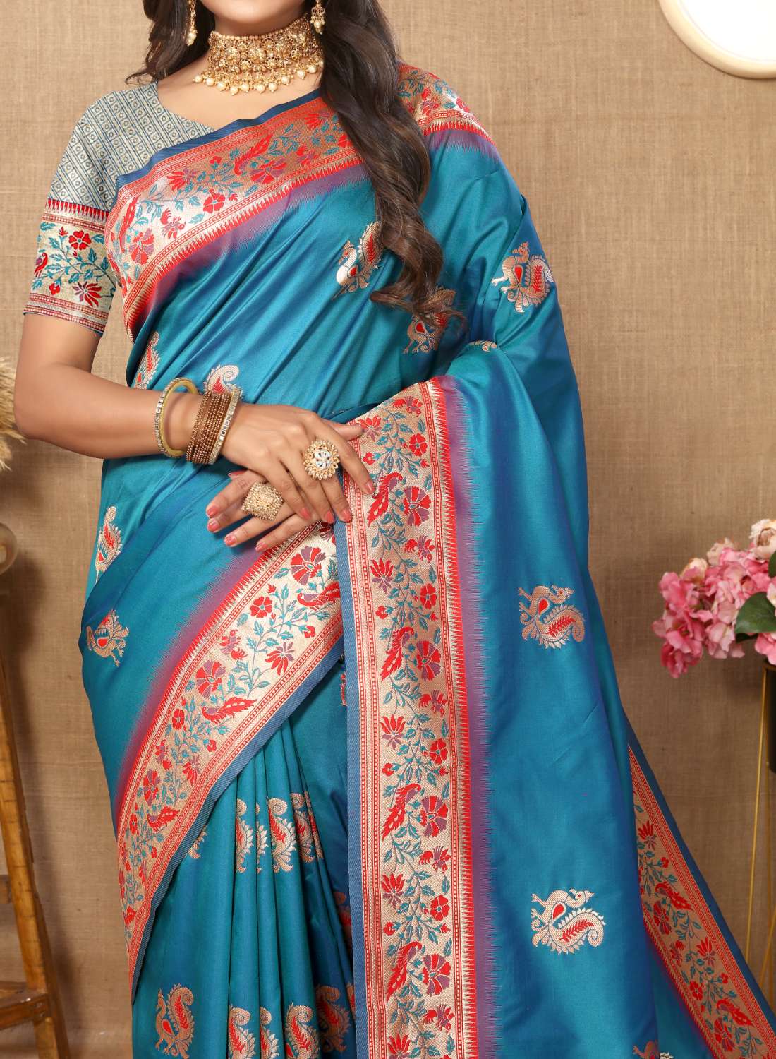 Aqua Blue Color Zari Woven Soft Paithani Silk Sarees With Rich Weaving Pallu with tassels.