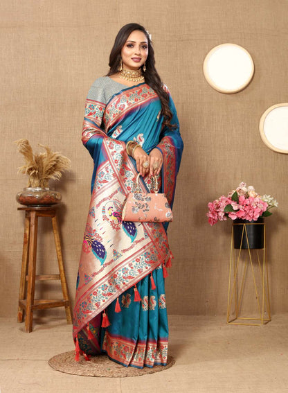 Aqua Blue Color Zari Woven Soft Paithani Silk Sarees With Rich Weaving Pallu with tassels.