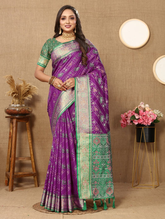 Purple & Green Color Women's Soft Patola Silk meenakari weawing motifs with Rich Zari Pallu and contrast border with Tessels.