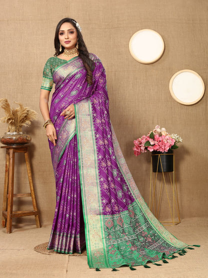 Purple & Green Color Women's Soft Patola Silk meenakari weawing motifs with Rich Zari Pallu and contrast border with Tessels.