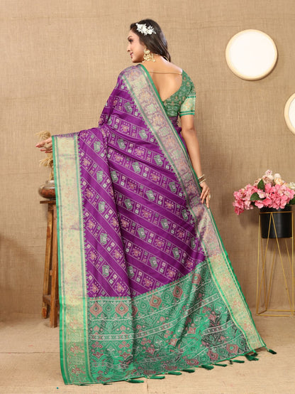 Purple & Green Color Women's Soft Patola Silk meenakari weawing motifs with Rich Zari Pallu and contrast border with Tessels.