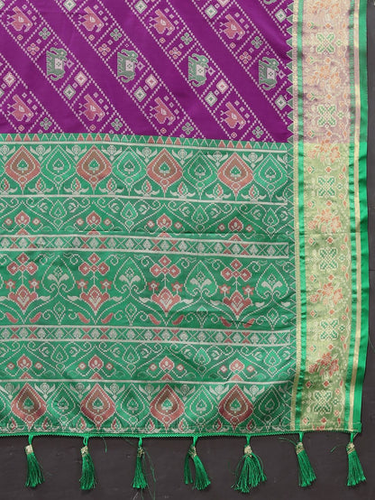 Purple & Green Color Women's Soft Patola Silk meenakari weawing motifs with Rich Zari Pallu and contrast border with Tessels.