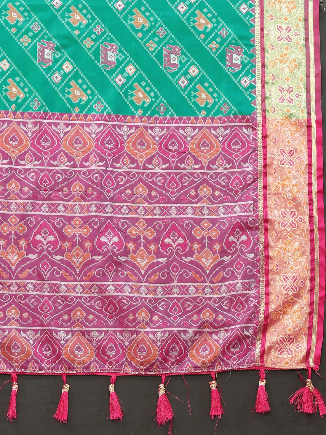 Aqua Blue & Purple Color Women's Soft Patola Silk meenakari weawing motifs with Rich Zari Pallu and contrast border with Tessels.