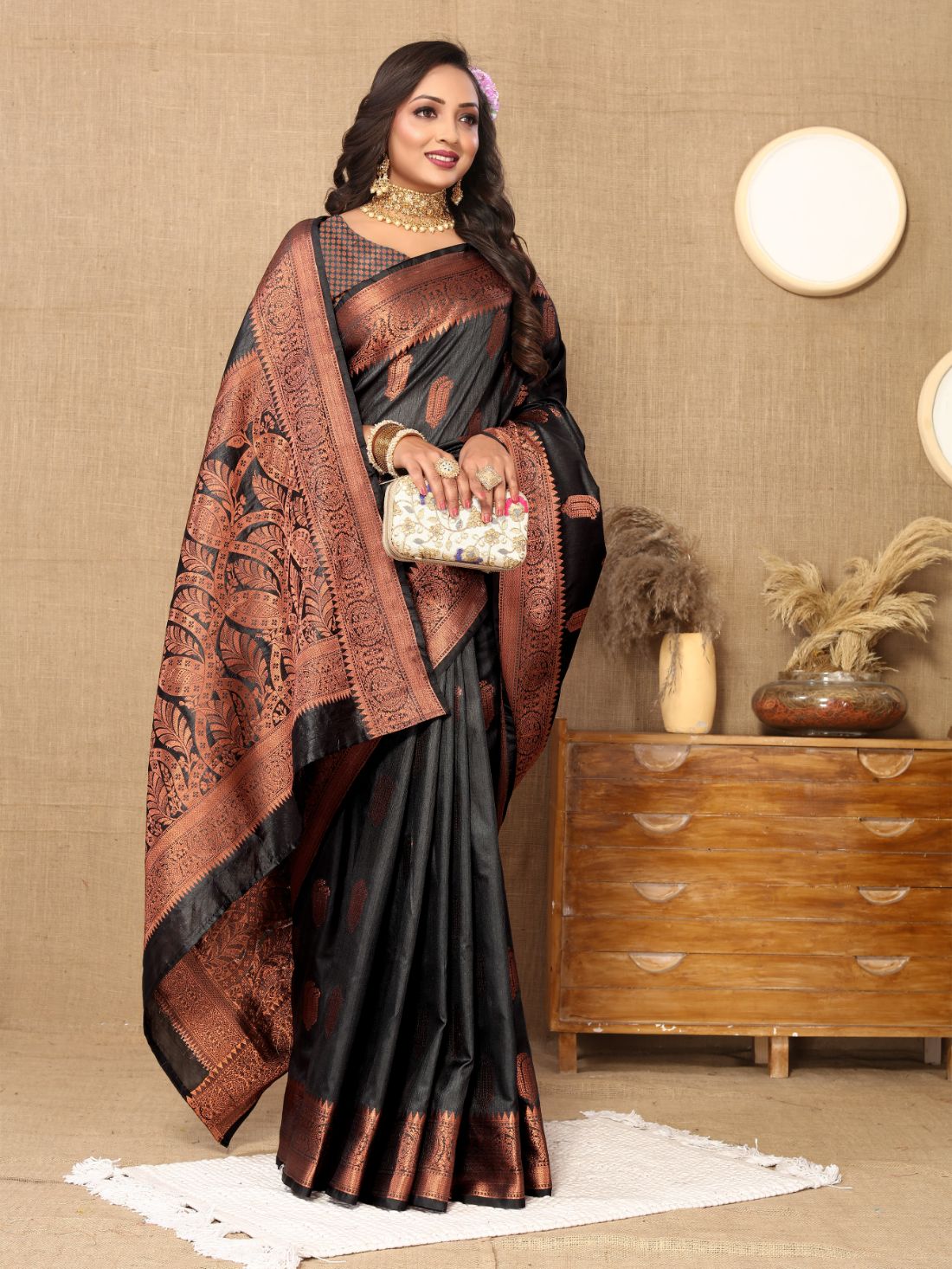 Black Color Soft  katan silk saree with copper zari weawing design and Rich Zari weawing Pallu with Unstiched Blouse piece.