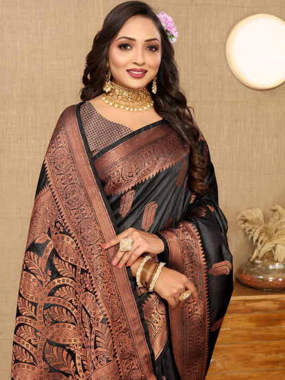 Black Color Soft  katan silk saree with copper zari weawing design and Rich Zari weawing Pallu with Unstiched Blouse piece.