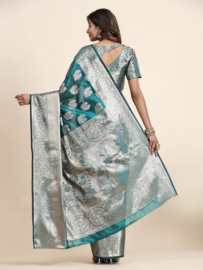 Aqua Blue Color Women’s Zari Woven Designer Soft Organza Silk Saree and Rich Pallu Weawing Unstitched Blouse With Blouse Piece.