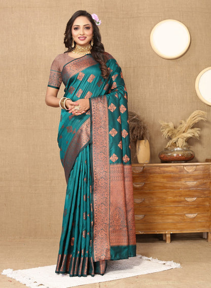 Aqua Blue Color Soft  Katan Silk saree with Copper Zari weawing Design and Rich Zari weawing Pallu with Unstiched Blouse piece.