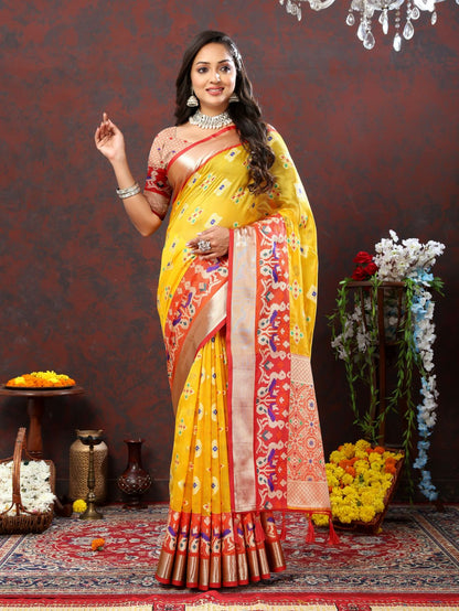 Yellow & Red Color Women’s Zari Woven Designer Soft Organza Silk Saree and Rich Pallu Weawing Unstitched Blouse With Blouse Piece.