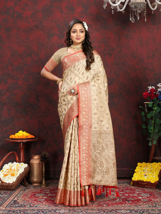 Cream Color Soft  katan silk saree with copper zari weawing design and Rich Zari weawing Pallu with Unstiched Blouse piece.