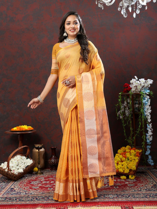 Yellow Soft Cotton Silk Saree With Zari  Weawing Design And Rich Zari Weawing Pallu With Contrast Border & Tessels Attach In Pallu With Unstiched Blouse Pieces.