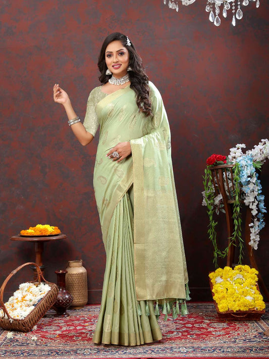 Light Green Soft Cotton Silk Saree With Zari  Weawing Design  And Rich Zari Weawing Pallu With Contrast Border & Tessels Attach In Pallu With Unstiched Blouse Pieces.