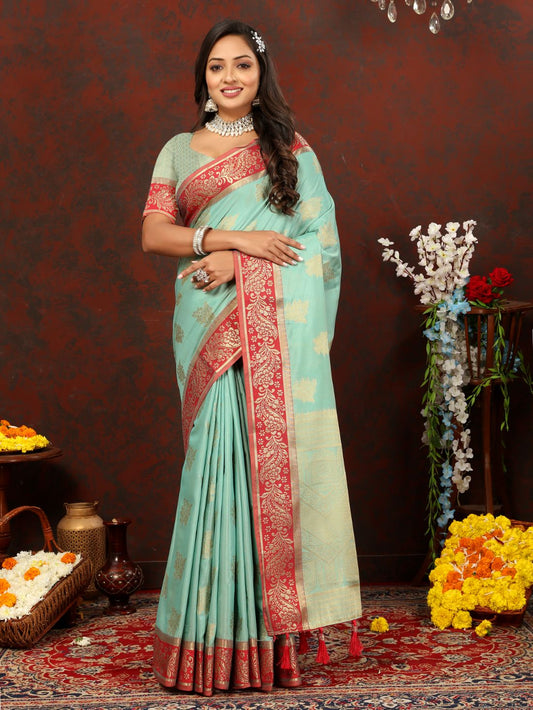 Light Blue Soft Cotton Silk Saree with Zari  Weawing Design  and Rich Zari Weawing Pallu with Contrast Border & Tessels attach in Pallu with Unstiched Blouse Pieces.