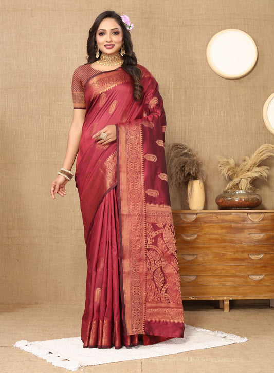 Maroon Color Soft  katan silk saree with copper zari weawing design and Rich Zari weawing Pallu with Unstiched Blouse piece.