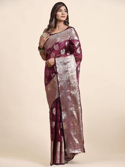 Maroon Color Women’s Zari Woven Designer Soft Organza Silk Saree and Rich Pallu Weawing Unstitched Blouse With Blouse Piece.