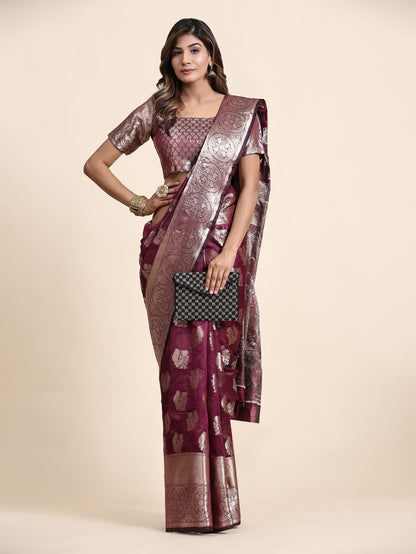 Maroon Color Women’s Zari Woven Designer Soft Organza Silk Saree and Rich Pallu Weawing Unstitched Blouse With Blouse Piece.