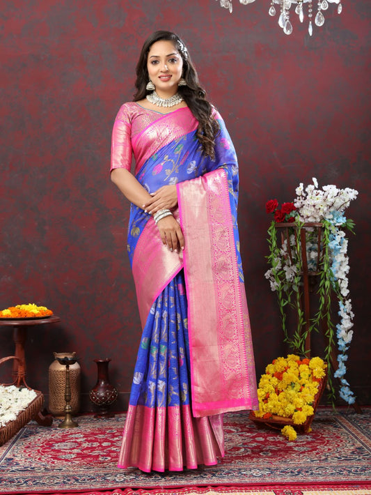 Royal Blue Color Soft Cotton Silk Saree With Meenakari  Weawing Design  And Rich Zari Weawing Pallu And Contras  Border With Unstiched Blouse Piease.