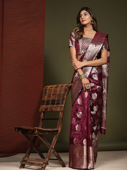 Maroon Color Women’s Zari Woven Designer Soft Organza Silk Saree and Rich Pallu Weawing Unstitched Blouse With Blouse Piece.