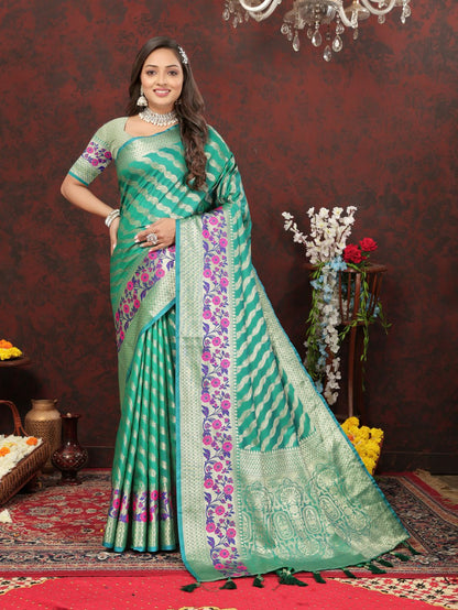 Aqua Blue Color Exclusive Soft Silk Zari Woven Work With Rich Pallu and Contrast Border With Tessels Women's Saree with Unstiched Blouse Pieces.