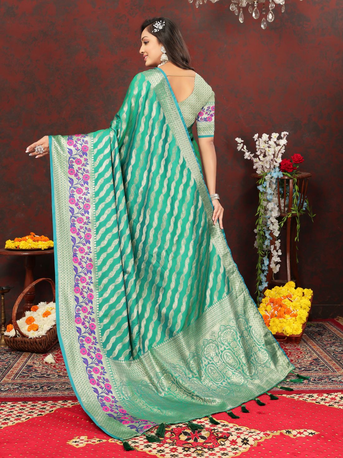 Aqua Blue Color Exclusive Soft Silk Zari Woven Work With Rich Pallu and Contrast Border With Tessels Women's Saree with Unstiched Blouse Pieces.