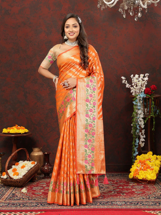 Orange Color Exclusive Soft Silk Zari Woven Work With Rich Pallu and Contrast Border With Tessels Women's Saree with Unstiched Blouse Pieces.