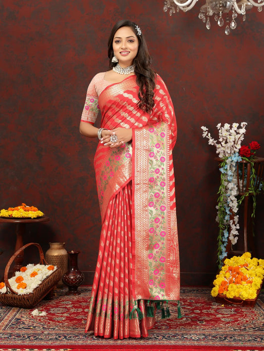 Red Color Exclusive Soft Silk Zari Woven Work With Rich Pallu and Contrast Border With Tessels Women's Saree with Unstiched Blouse Pieces.