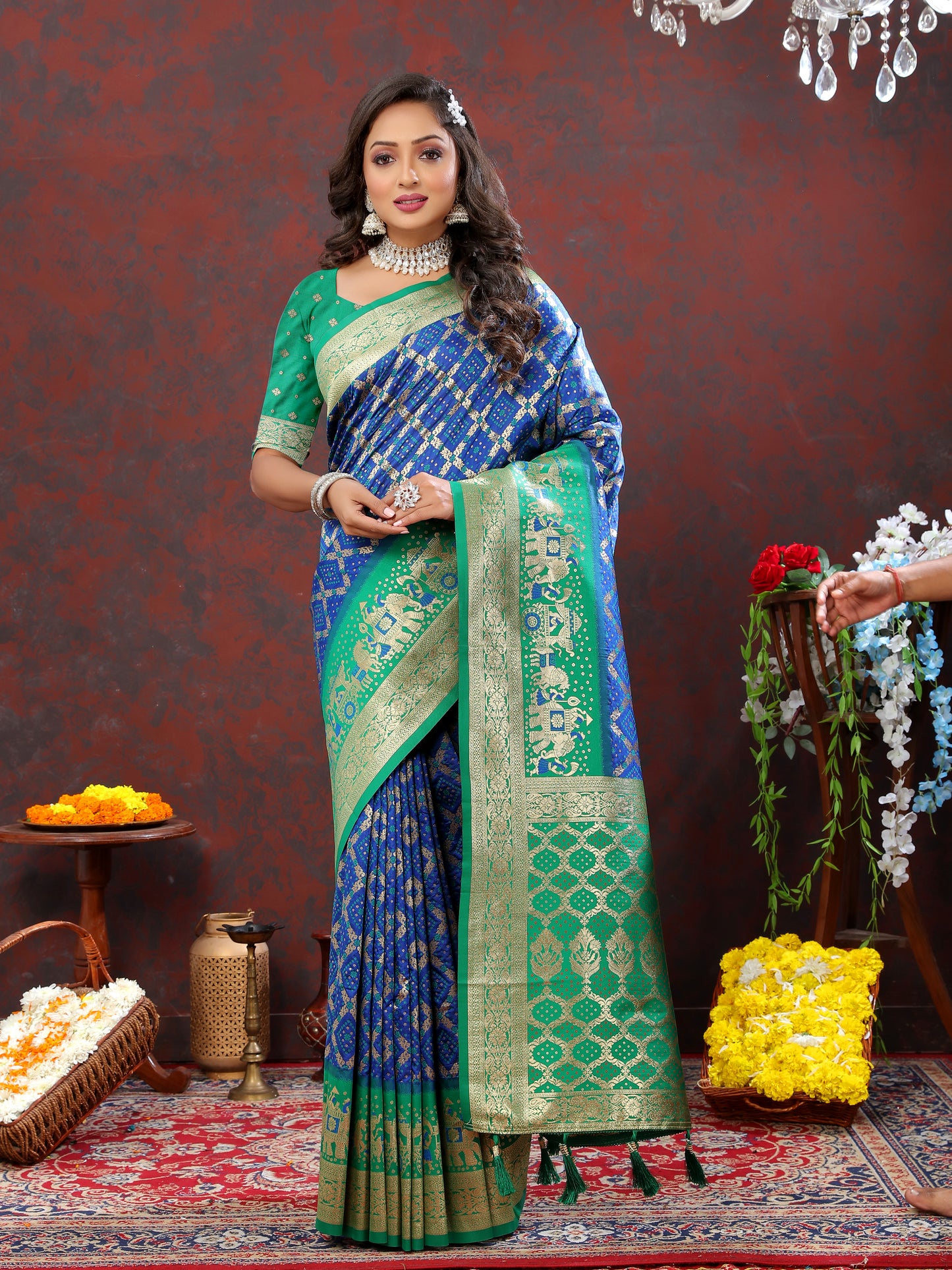 Blue & Green Color Women's Soft Bandhani Printed Patola Silk meenakari weawing motifs with Rich Zari Pallu and contrast border with Tessels.