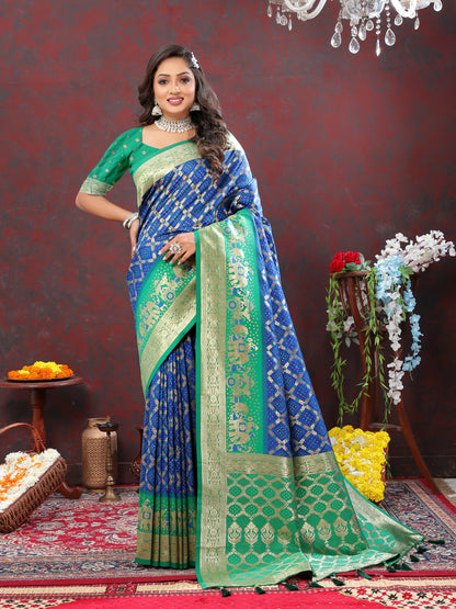 Blue & Green Color Women's Soft Bandhani Printed Patola Silk meenakari weawing motifs with Rich Zari Pallu and contrast border with Tessels.