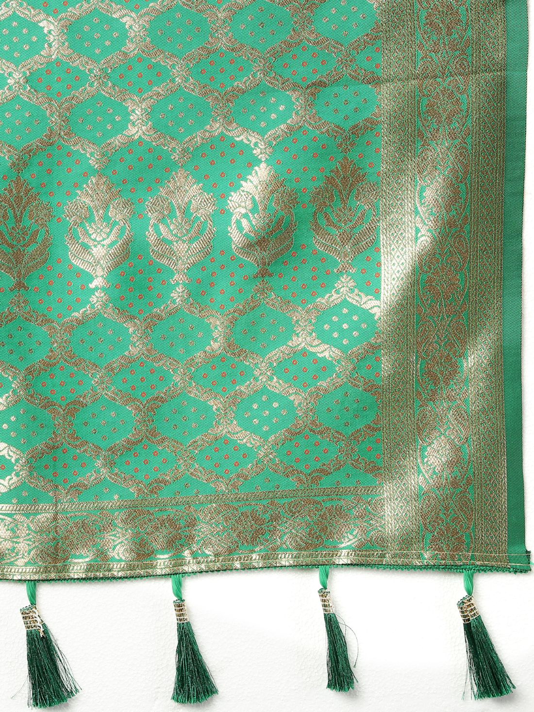 Blue & Green Color Women's Soft Bandhani Printed Patola Silk meenakari weawing motifs with Rich Zari Pallu and contrast border with Tessels.