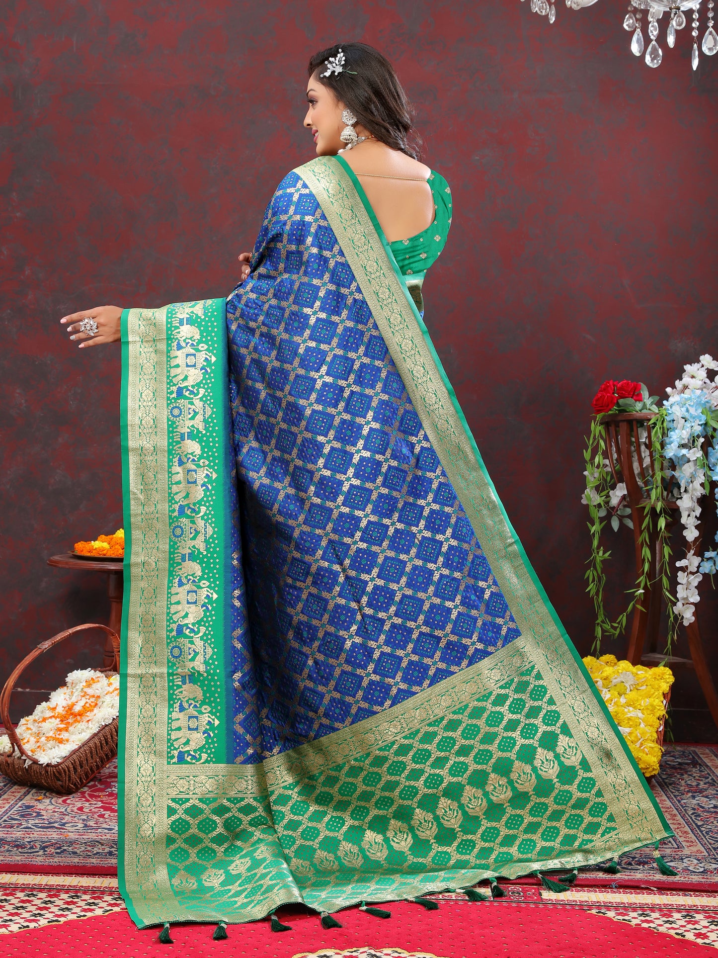 Blue & Green Color Women's Soft Bandhani Printed Patola Silk meenakari weawing motifs with Rich Zari Pallu and contrast border with Tessels.