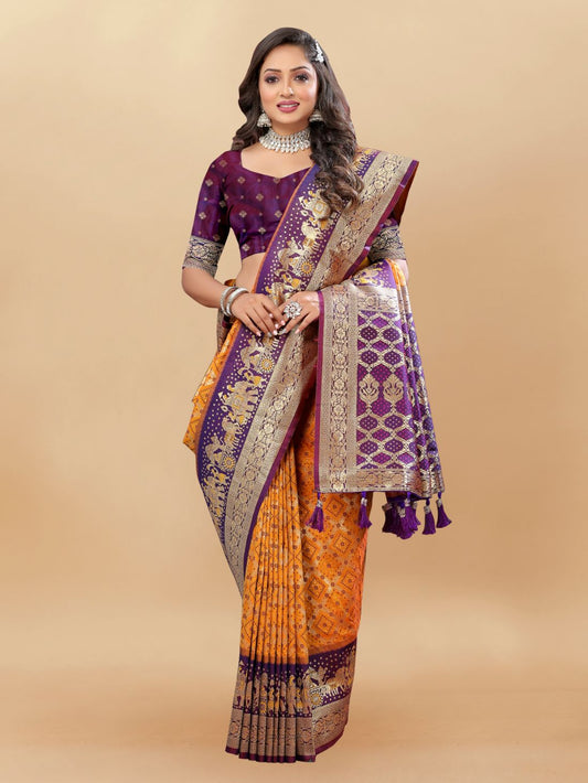 Mustered & Purple Color Women's Soft Bandhani Printed Patola Silk meenakari weawing motifs with Rich Zari Pallu and contrast border with Tessels.