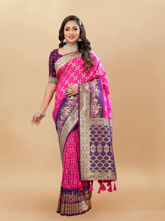 Pink & Purple Color Women's Soft Bandhani Printed Patola Silk meenakari weawing motifs with Rich Zari Pallu and contrast border with Tessels.