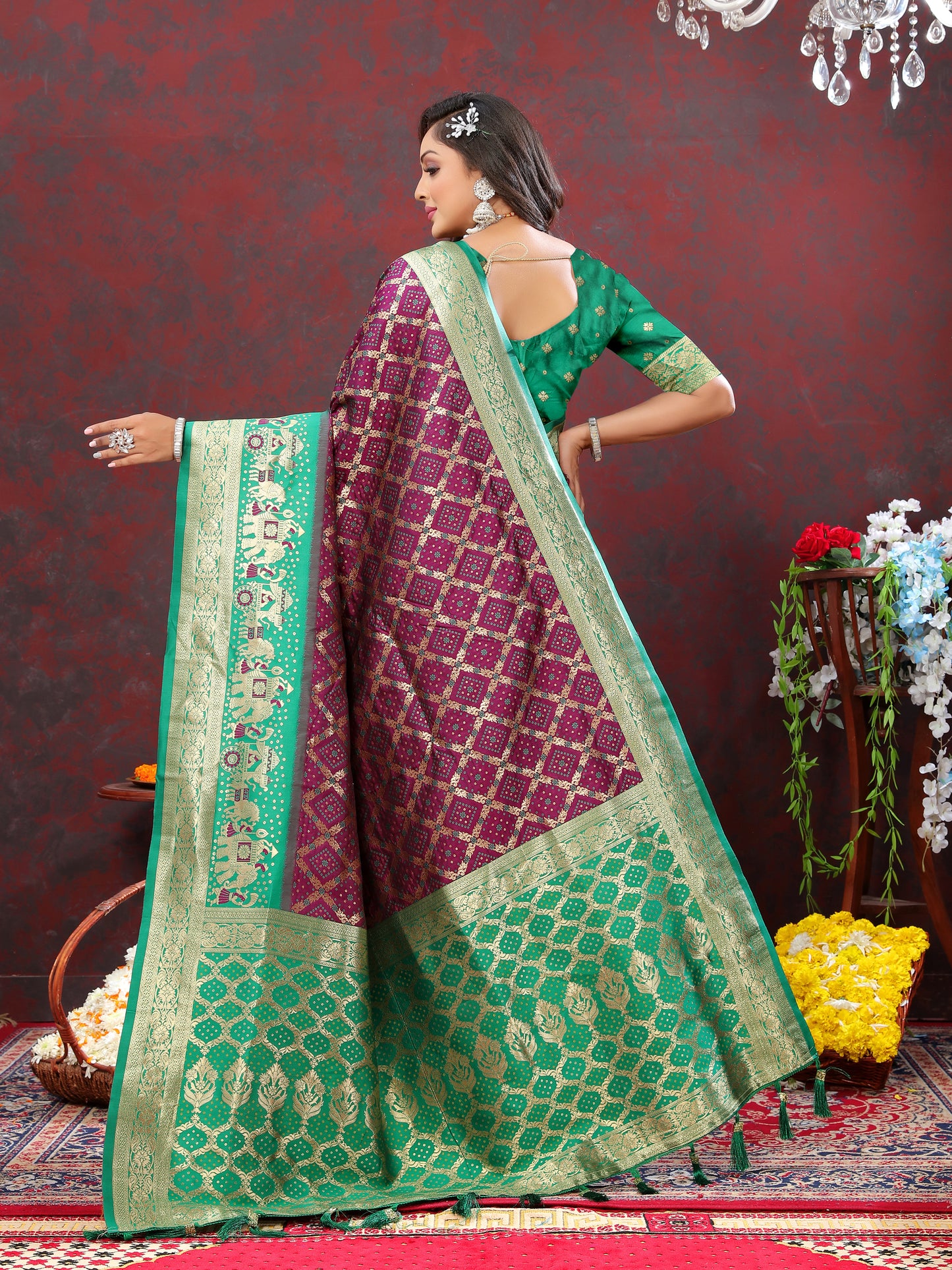 Maroon & Green Color Women's Soft Bandhani Printed Patola Silk meenakari weawing motifs with Rich Zari Pallu and contrast border with Tessels