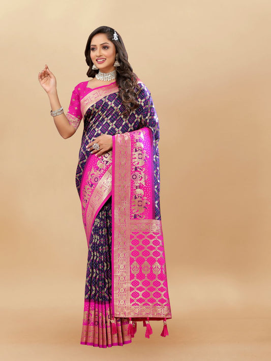 Nevy Blue & Pink Color Women's Soft Bandhani Printed Patola Silk meenakari weawing motifs with Rich Zari Pallu and contrast border with Tessels.